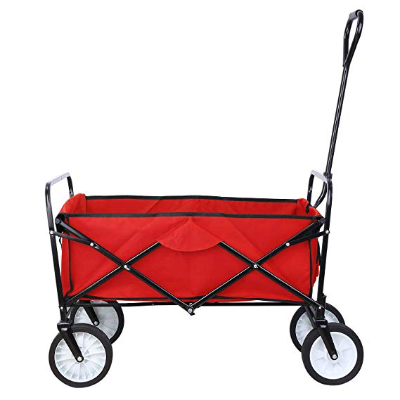 Collapsible Outdoor Utility Wagon, Heavy Duty Folding Garden Portable Hand Cart, with 8" Rubber Wheels and Drink Holder, Suit for Shopping and Park Picnic, Beach Trip and Camping (Red)