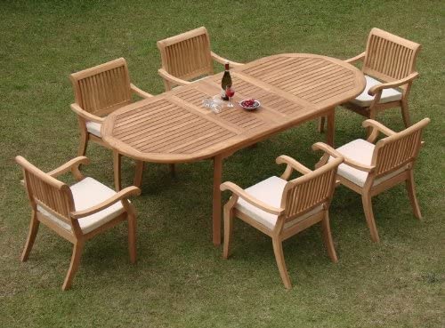 WholesaleTeak New 7 Pc Luxurious Grade-A Teak Dining Set - 94" Oval Table and 6 Stacking Arbor Arm Chairs #WHDSABb
