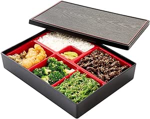 Restaurantware Bento Tek Rectangle Black & Red Small Japanese Style Bento Box - 6 Compartments - 10 3/4" x 8 1/4" x 2 1/4" - 1 count box