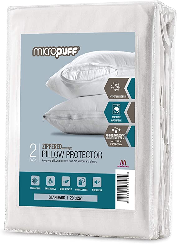 Micropuff Zippered Pillow Protectors Standard - Soft Brushed Microfiber Pillow Covers, Noiseless and Hypoallergenic Pillowcases with Zipper (2 Pack, Standard 20x26)