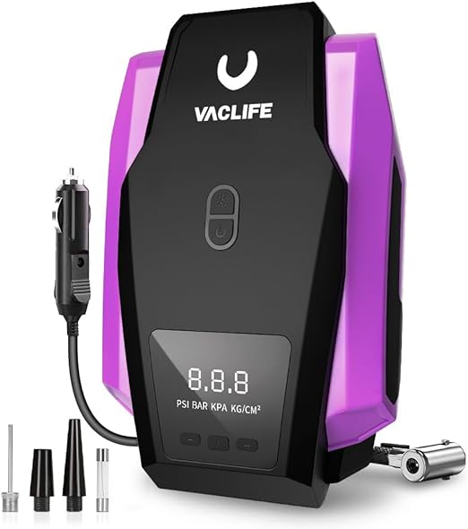 VacLife Tire Inflator Portable Air Compressor - Air Pump for Car Tires, 12V DC 100PSI Tire Pump for Bikes with LED Light, Digital Pressure Gauge, Car Accessories, Purple (VL701)