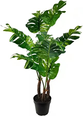 Artificial Monstera Tree Plant with White Edge 39 inch High in Black Plastic Pot -1 Pack