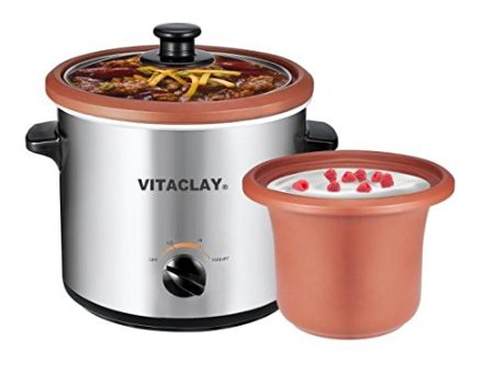 VitaClay VS7600-2C 2-in-1 Yogurt Maker and Personal Slow Cooker in Clay, Stainless Steel