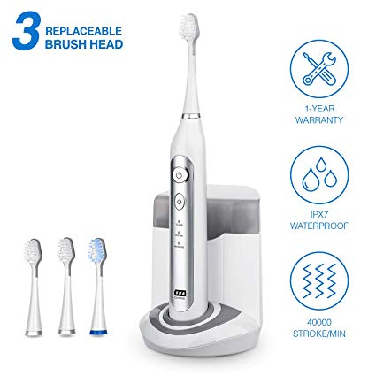 Sonic Electric Toothbrush with UV Sanitizer charging case,Rechargeable Power Electric Toothbrush 3 Brushing Modes with Memory Function, 2 Mins timer,3 DuPont Brush Heads,IPX7 Waterproof