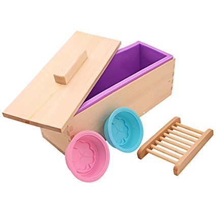 TTLIFE Upgrade reinforced Rectangular Soap Silicone Mold with Wood Box and Wood Lid with 2 pressing holes, 2-piece round silicone mold and a Wood soap holder for free (purple)