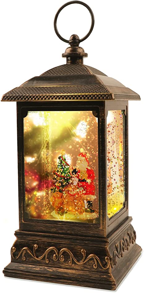 Suweor Upo Christmas Lighted Water Lantern, Swirling Glittering Snow Globe Lantern, Xmas Decorative Lamp Festival Ornament and Gifts (Bronze)