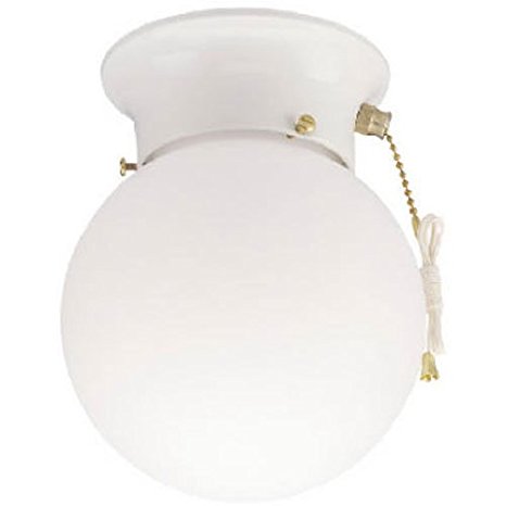 6668000 One-Light Flush-Mount Interior Ceiling Fixture with Pull Chain, White Finish with White Glass Globe