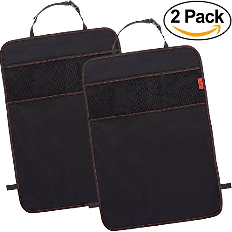 Car Kick Mats Seat Back Protectors with Odor Free, Premium Waterproof Fabric, Reinforced Corners to Prevent Sag, and 3 Mesh Pockets for Great Storage