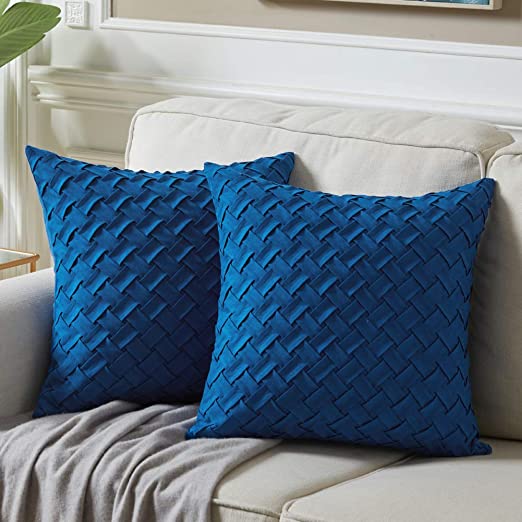 Fancy Homi Pack of 2 Decorative Throw Pillow Covers with Cute Basket Weave Pattern,Soft Suede Solid Square Cushion Case Set for Couch Sofa Bedroom Car Living Room (16x16 inch/40x40 cm, Royal Blue)