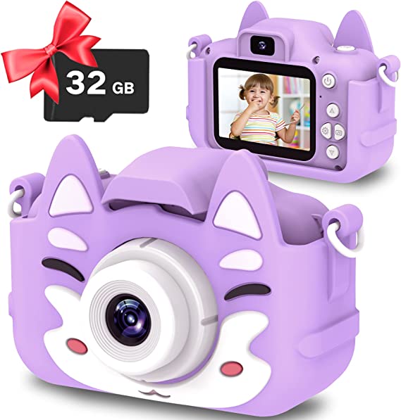 Kids Camera Toys Gifts for Boys Girls, Selfie Camera Digital Video Shockproof Camcorder with Front Rear Dual-Lens, Best Birthday for 3 4 5 6 7 8 Years Old Boys Gifts - 32GB SD Card Included