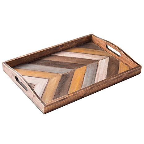 MyGift Rustic Chevron Striped Wood Breakfast Serving Tray with Cutout Handles - 16 x 12-Inch