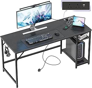 JOISCOPE Computer Desk,152x60cm Office Desk with Power Outlets and 2 Shelves, PC Desks & Workstation for Student and Worker,Study Table for Writing,Wooden Desk for Bedroom,Home,Office,Black Finish