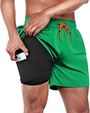 BRISIRA Mens Swim Trunks Swim Shorts Quick Dry 5 inch Inseam Beach Shorts with Compression Liner and Zipper Pocket