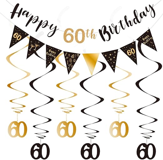 60th Birthday Decoration Kit, Happy 60th Birthday Banner Bunting Swirls Streamers, Triangle Flag Banner for Birthday Party Decorations Supplies Black and Gold 60th