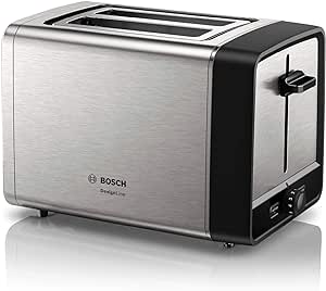 Bosch Kompakt Toaster DesignLine TAT5P420DE, integrierter Edelstahl-Brötchenaufsatz, mit Abschaltautomatik, mit Auftaufunktion, perfekt für 2 Scheiben Toast, Liftfunktion, breit, 970 W, Edelstahl