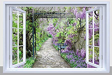 Banberry Designs Pathway Picture - Purple Garden Pathway with Fiber Optic Lights - LED Canvas Garden Print with Window Frame