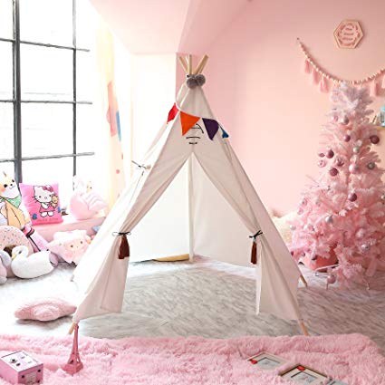 CO-Z Teepee Play Tent Foldable for Kids with Banners & Carry Case, CPST Certificated (5 Poles - 53" Height)