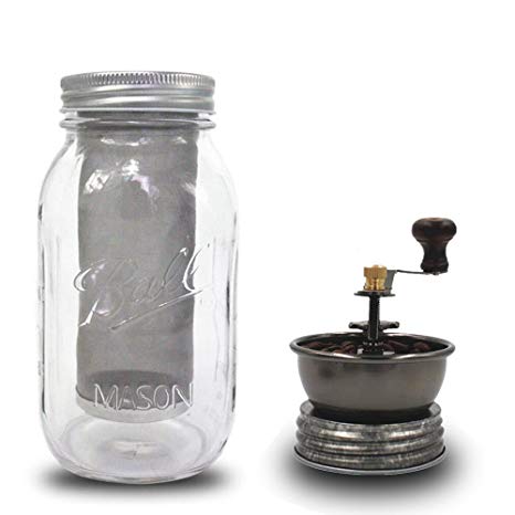 Cold Brew Coffee Maker - 1 Quart - Make Amazing Cold Brew Coffee and Tea with 32oz Mason Jar, Coffee Grinder, Stainless Steel Filter and Stainless Steel Lid with gasket Fit for Regular Mouth Mason Jar