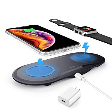 Dual Fast Wireless Charger, ZealSound 10W/7.5W/5W 3 Mode Dual Two Fast Charging Pad Wireless Charger with USB 3.0 Adapter for Qi Enabled Watch and Phones (Black)