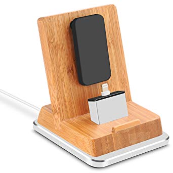 Rerii Bamboo Charge Stand with Aluminum Base, iPhone Charging Dock, iPhone Charger, Stand for iPhone 8/8 Plus, iPhone X, iPad Air, iPad Mini with Lightning Cable, Support Charging with Case