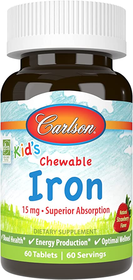 Carlson Kid's - Chewable Iron Tabs, 15 mg of Iron per Tablet, Energy Production, Iron Chew Tabs, Optimal Wellness, Blood Health, Strawberry flavor, 60 Tablets