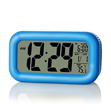 iCKER Digital Alarm Clock with Soft Light, Calendar and Indoor Temperature Display, Snooze Function, Battery Operated Only, Blue