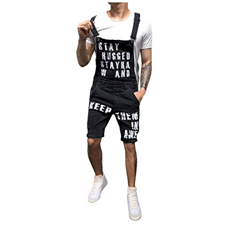 FONMA Mens Letter Pocket Jeans Overall Jumpsuit Streetwear Overall Suspender Pants