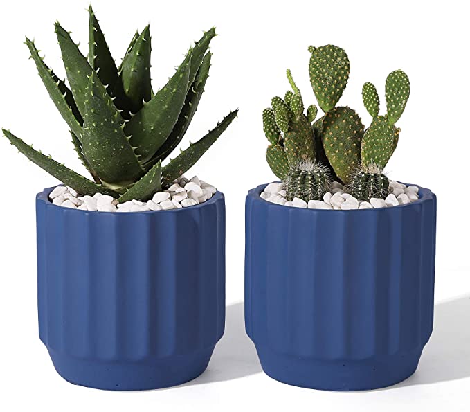 POTEY Cement Indoor Plant Pots - 4 Inch Medium Planter Flower Containers Clay Modern Decorative with Drain Hole - Set of 2 Navy, Unglazed 202223