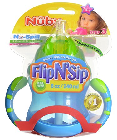 Nuby 2 Handle Flip n' Sip Straw Cup, 8 Ounce, 12 Months  , Blue