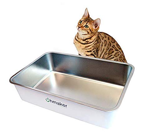 Ohmaker's OhmBox - Stainless Steel Cat Litter Box, Extra Large, Never Absorbs Odors, Stains or Rusts, Non-Stick Smooth Surface, Easy Cleaning with Non-Slip Rubber Feet. White 23.5 x 15.5 x 6.1 inches