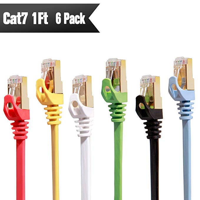 Cat 7 Ethernet Patch Cable 1ft 6 Pack (Highest Speed Cable) Cat7 Flat Shielded Ineternet Network Cables for Modem, Router, LAN, Computer