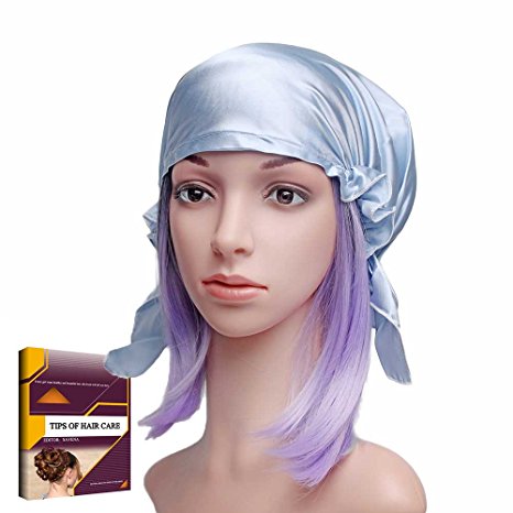 Savena 100% Mulberry Silk Night Sleeping Cap for Long Hair Bonnet Hat Smooth Soft Many Colors, Hair Care Ebook Included (Light Blue)