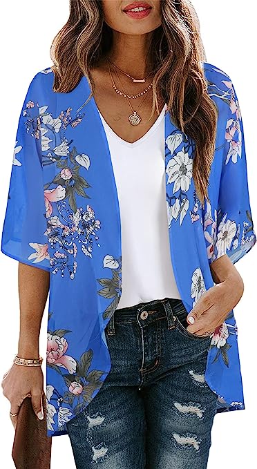 Women's Floral Print Puff Sleeve Kimono Cardigan Loose Cover Up Casual Blouse Tops