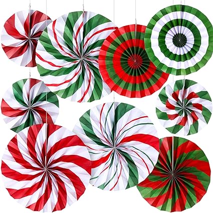 Outus 9 Pcs Christmas Party Candy Hanging Paper Fans Peppermint Christmas Classroom Decorations Hanging Paper Fans Garland for Xmas Holiday Ceilings Wall Christmas Birthday Party Supplies