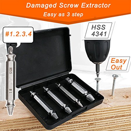 Damaged Screw Extractor and Remove Set by JTENG Easily Remove Stripped Damaged Screws Set of 4 Screw Removers Drill Bits