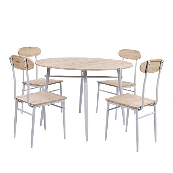 Dporticus 5-Piece Round Dining Set Country Style Kitchen Table and Chairs with Metal Legs，Warm in White