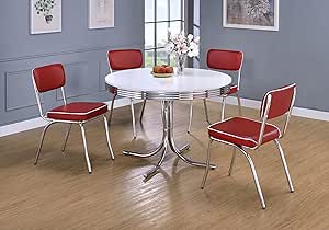 Coaster Home Furnishings Retro 1950s Soda Fountain Diner 5-Piece Dining Room Set Round Table White Laminate Top Red Faux Leather Upholstered Dining Side Chairs Sturdy Steel Chrome Base 2388-S5R