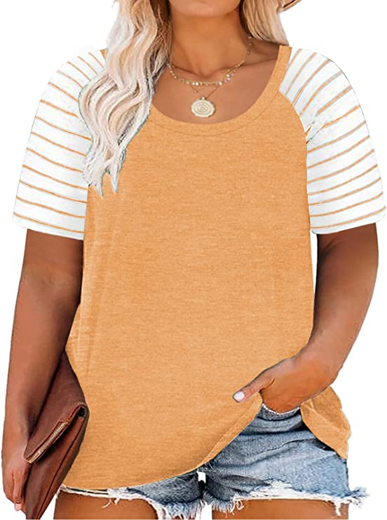 DOLNINE Women's Plus Size Tops Striped Raglan Tee Shirts Casual Tunics Blouses