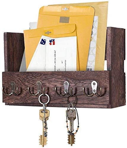 Wooden Wall Mount Mail Holder Organizer – Rustic Key Holder Organizer for Wall – Magazine Holder with 4 Double Key Hooks – Distressed Brown Rustic Wall Décor for Entryway