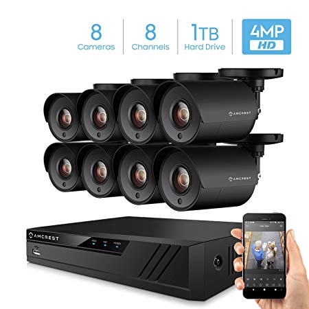 Amcrest UltraHD 4-Megapixel 8CH Video Security System with Eight 4.0MP Outdoor IP67 Plastic Bullet Cameras, 98ft Night Vision, Pre-Installed 1TB Hard Drive, (AMDV40M8-8B-B)