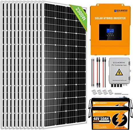 ECO-WORTHY 2300W 48V Off Grid Complete Solar Panel Kit for Home/Shed: 12pcs 195W Solar Panel   3500W All-in-one Charger Inverter   4 String Combiner Box   2pcs 48V 50AH Lithium Battery