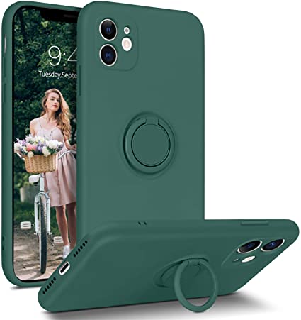 iPhone 11 Case, DUEDUE Liquid Silicone Soft Gel Rubber Slim Cover with Ring Holder Kickstand|Car Mount Function,Shock Absorption Full Body Protective Case for iPhone 11, Pine Green