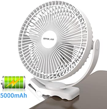 OPOLAR 5000mAh Rechargeable Battery Operated Clip Fan, 4 Speeds Fast Air Circulating USB Fan, Sturdy Clamp, Portable for Outdoor Camper, Golf Cart or Indoor Gym, Treadmill Personal Office Desk -White