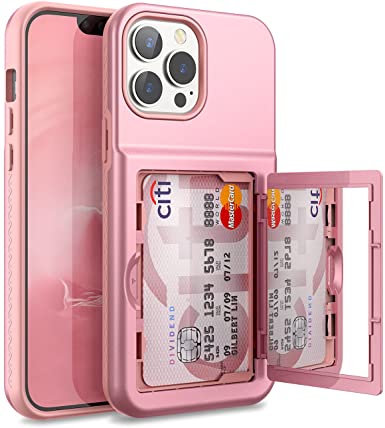 WeLoveCase for iPhone 13 Pro Max Wallet Case with Credit Card Holder & Hidden Mirror, Three Layer Shockproof Heavy Duty Protection Cover Protective Case for iPhone 13 Pro Max - 6.7inch Rose Gold