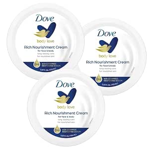 Dove Nourishing Body Care, Face, Hand, and Body Rich Nourishment Cream for Extra Dry Skin with 48-Hour Moisturization, 3-Pack, 5.07 Oz Each Jar