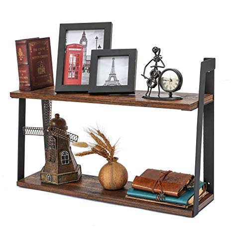 MaidMAX Floating, 2 Tier Rustic Shelf for Books, DVDs in Living Room, Bedroom, Kitchen, Wall Mounted, Wood Grain Finish