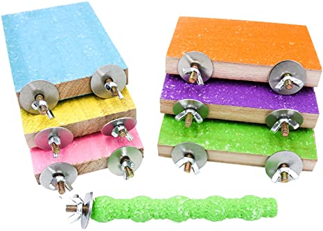 6 Pcs Bird Perch Stand Toy, Wood Parrot Stand Platform Colorful Sand Paw Grinding Stick Cage Accessories Exercise Toys for Cockatiel Conure Budgies Parakeet Lovebird Hamster Gerbil Rat Mouse
