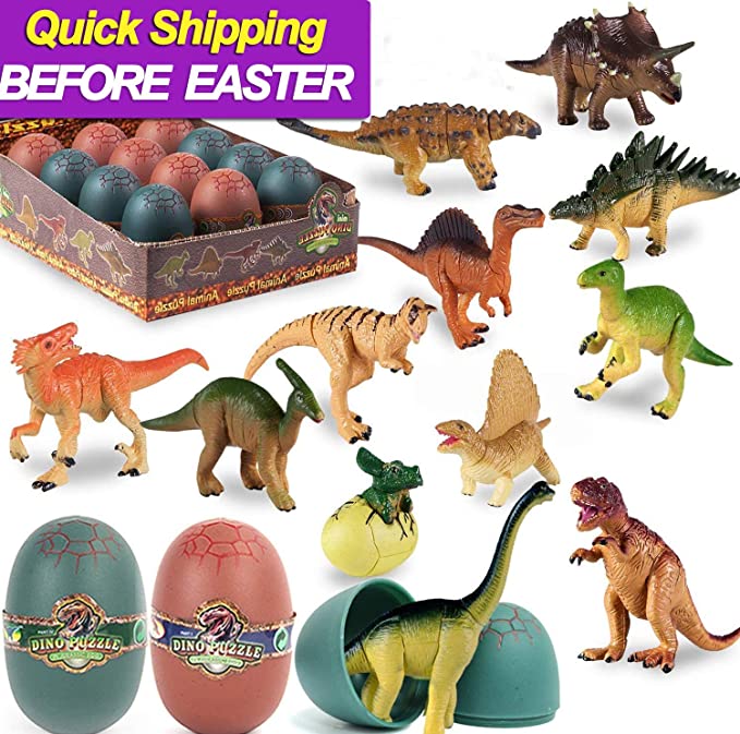 12 Pcs Easter Dinosaur Eggs with 3D Dinosaur Building Blocks Inside - 2 2/5" Dinosaur Eggs & 12 Kind of Dinosaur Puzzles Dinosaur Toys Easter Basket Stuffers for Boys Girls Toddlers