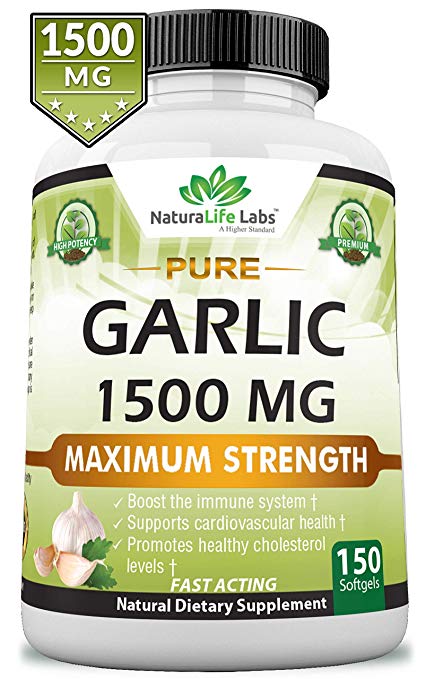 Pure Garlic 1,500 mg per Soft Gel Maximum Strength 150 Soft gels Promotes Healthy Cholesterol Levels Immune System Support