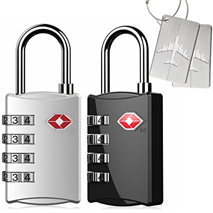 TSA Luggage Locks (2 Pack) - Kyerivs 4 Digit Combination Steel Padlocks - Approved Travel Lock for Suitcases & Baggage( Black & Silver)